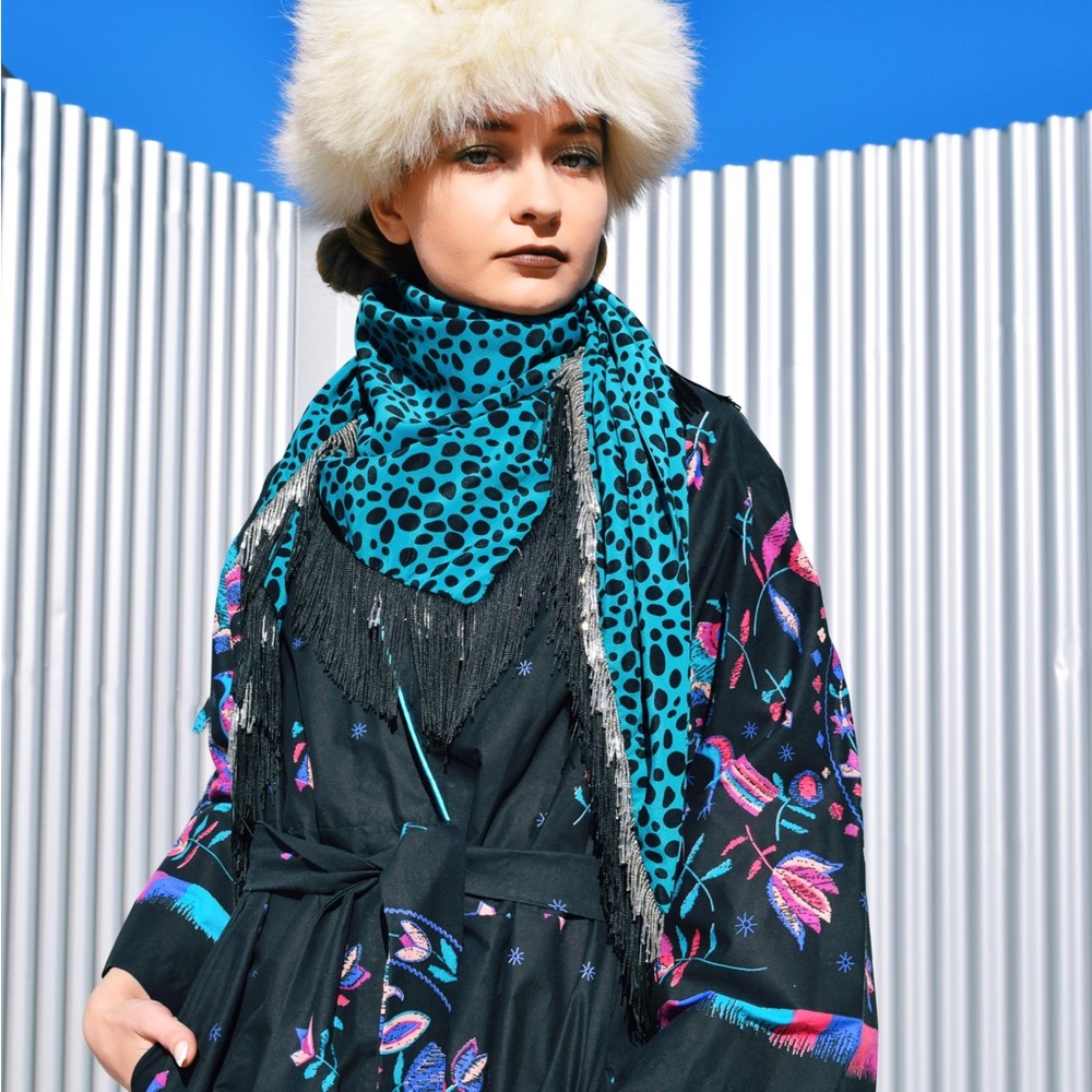 Prova Animal Print Silk Blue Large Fringe Beaded Scarf Wrap Top